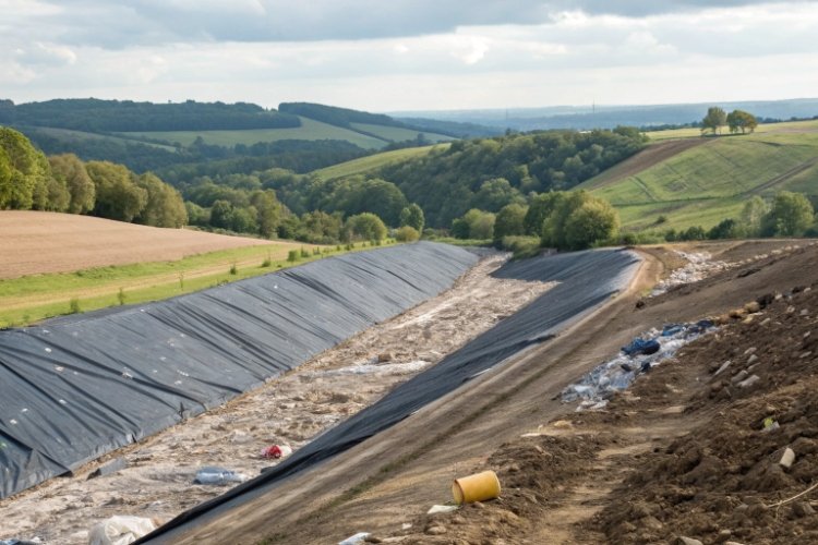 Pogled iz zraka na modernu ćeliju odlagališta u izgradnji, s naglaskom na opsežni sustav geomembrane.