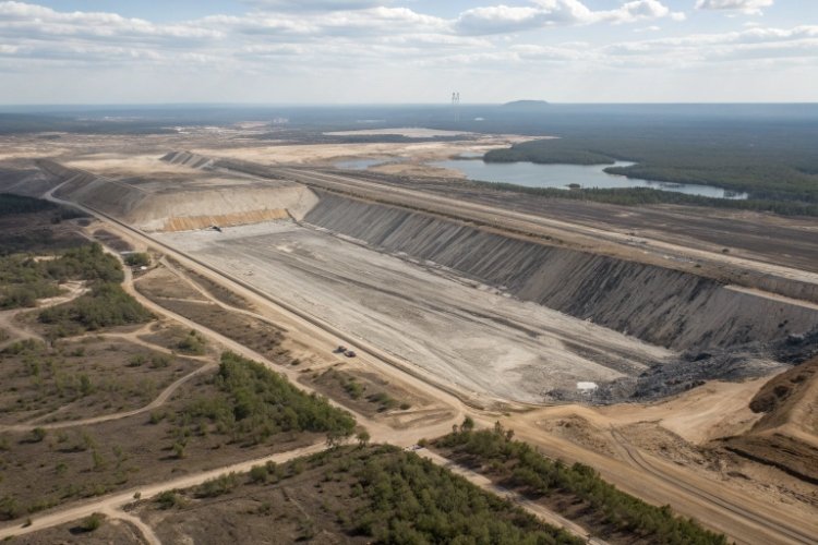 A massive aerial view of a mine tailings storage facility, showing the vast scale of the impoundment.