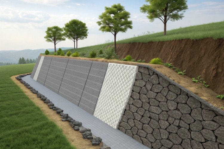 A close-up comparison of a woven geotextile (like a tarp) and a nonwoven geotextile (felt-like)