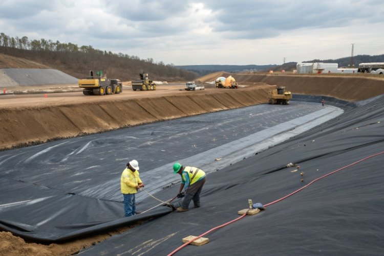 Worker performing wedge welding on geomembrane
