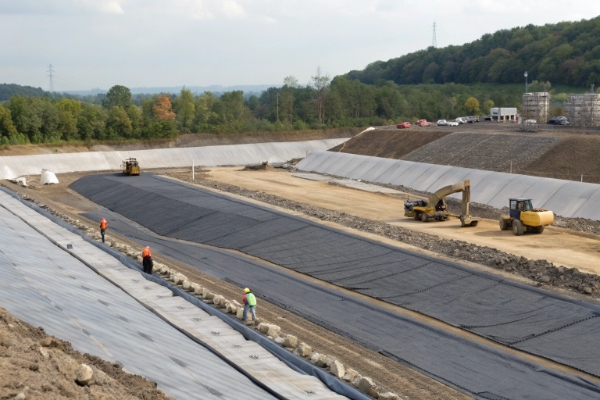 A detailed cross-section diagram of a landfill cell, labeling all the different liner and drainage system layers
