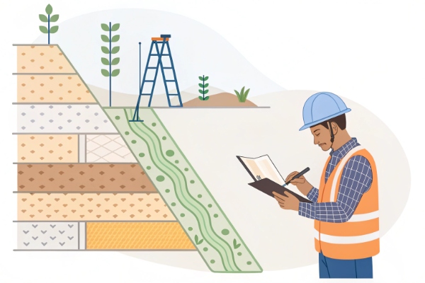An aerial view of a large construction site with geocell panels laid out for a road base application