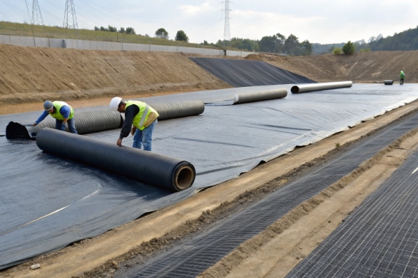 Isometric view of a landfill cell highlighting the base area, slope areas, and anchor trench