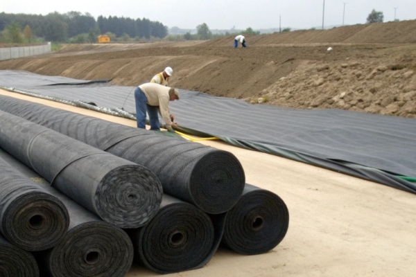 Close-up view showing the structure of a geocomposite drainage layer with geonet core and geotextile filter