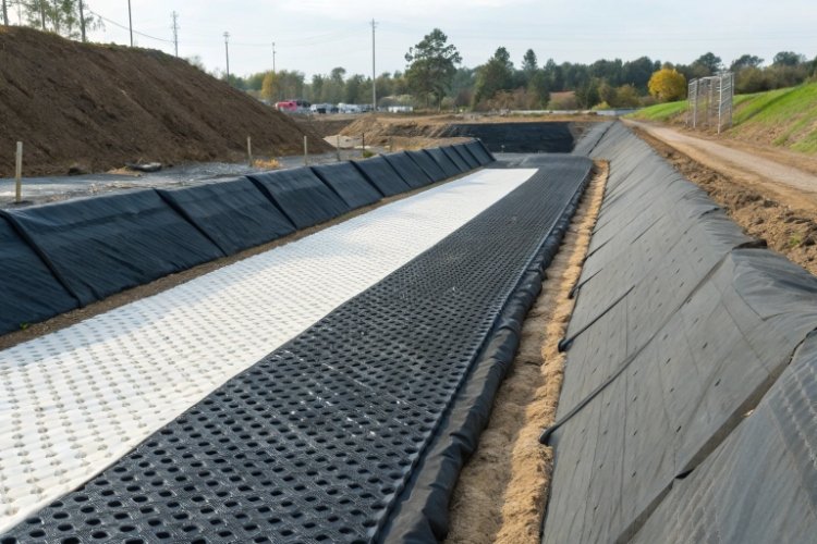 Installation of a protective geotextile layer over a geomembrane liner in a landfill cell.