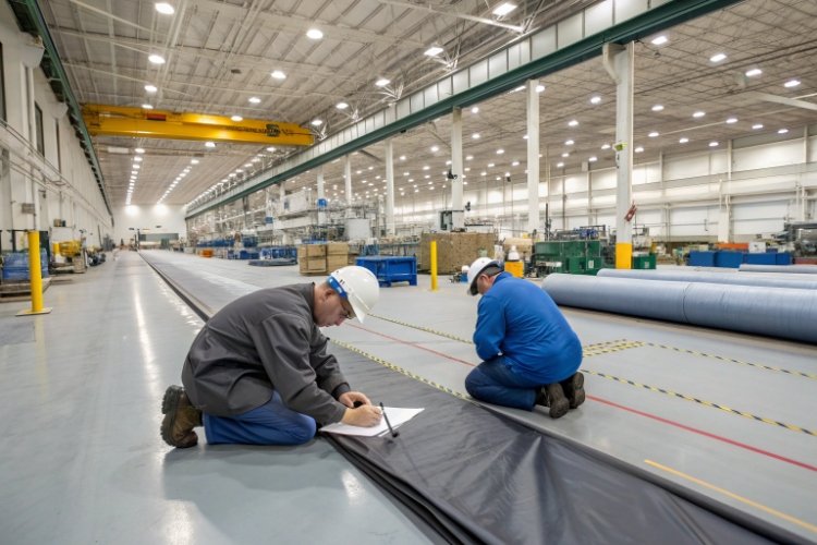 A technician performing a QA/QC test on a fusion weld seam of an HDPE liner installation.