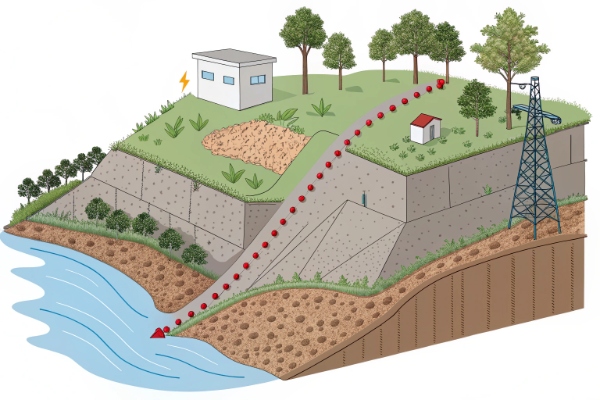 Diagram illustrating the driving forces (gravity) and resisting forces (friction) on a sloped landfill liner