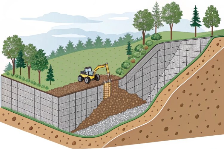 A diagram comparing the high pressure on an unreinforced wall face to the reduced pressure on a geogrid-reinforced wall
