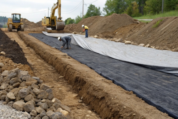 Worker carefully spreading screened soil over a geomembrane