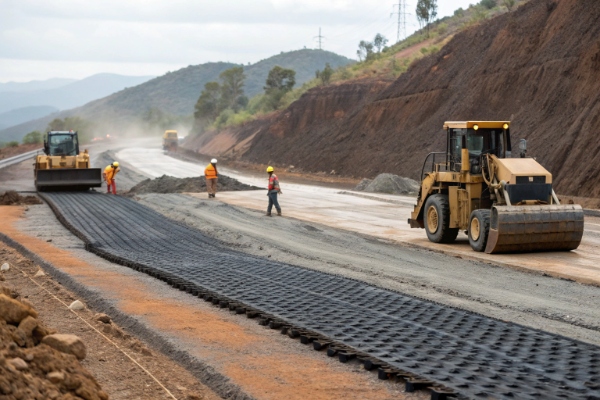 Image of a heavy haul truck on a mine road reinforced with geocells