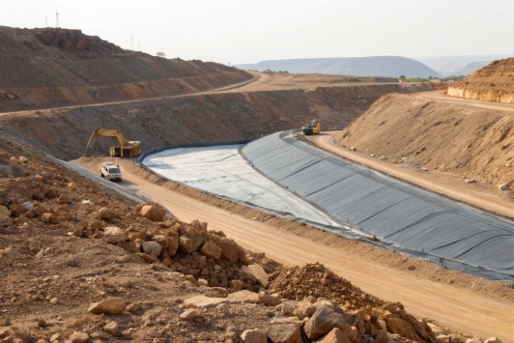 A team of engineers reviewing liner system plans on-site at a mine