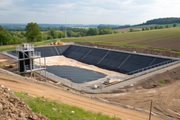 Aerial photo showing a landfill divided into multiple cells, with one active cell being filled