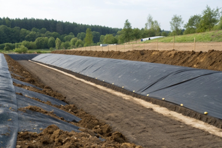 Diagram illustrating how soil cover blocks UV, impact, and temperature on a geomembrane