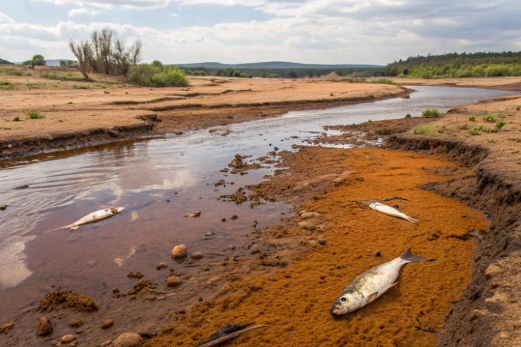 A stream showing the characteristic orange color of water contaminated by Acid Mine Drainage.