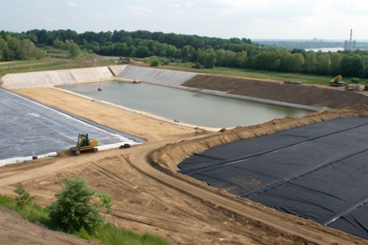 Exposed geomembrane on a temporary water basin vs. a soil-covered reservoir