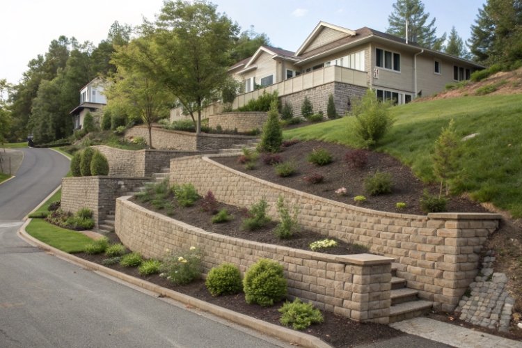 A beautiful landscaped tiered retaining wall successfully built into a steep slope using geogrids