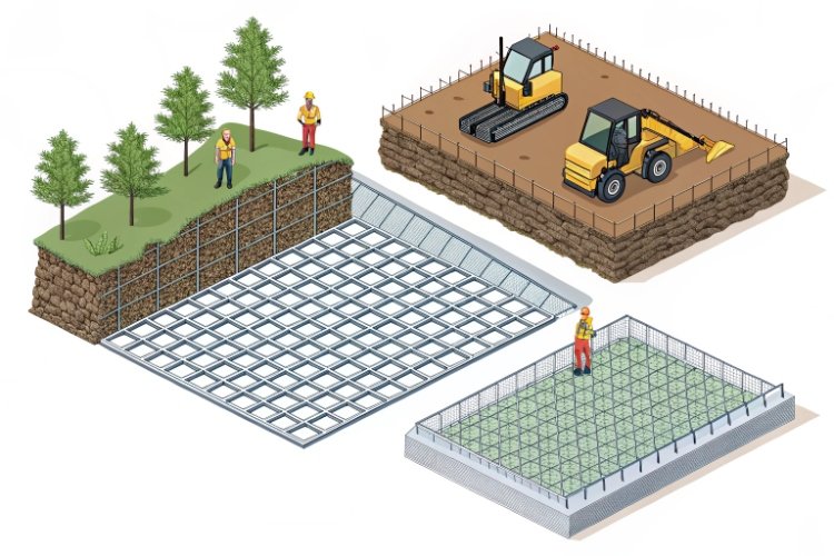 A close-up view of a high-strength biaxial geogrid, highlighting its robust junctions and aperture openings.