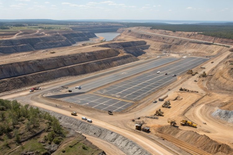 A panoramic view of a massive heap leach pad with a clearly visible black HDPE liner system