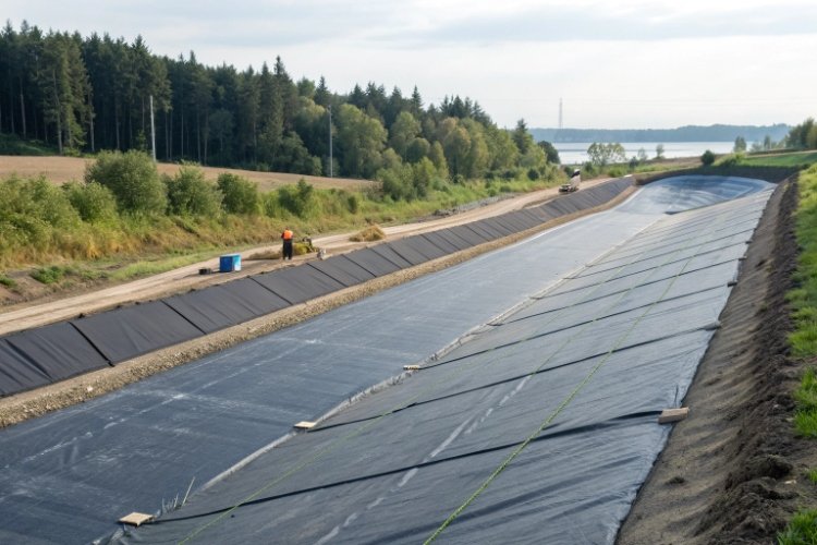 A diagram comparing stress on a parallel seam (low) versus a transverse seam (high tensile stress) on a slope.