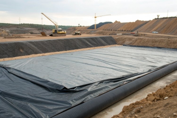 A cross-section diagram showing the layers of a heap leach pad: subgrade, geomembrane liner, drainage layer, and ore heap.