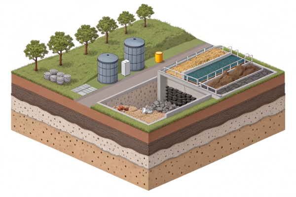 Plan view diagram of a landfill cell showing base dimensions and side slope notations