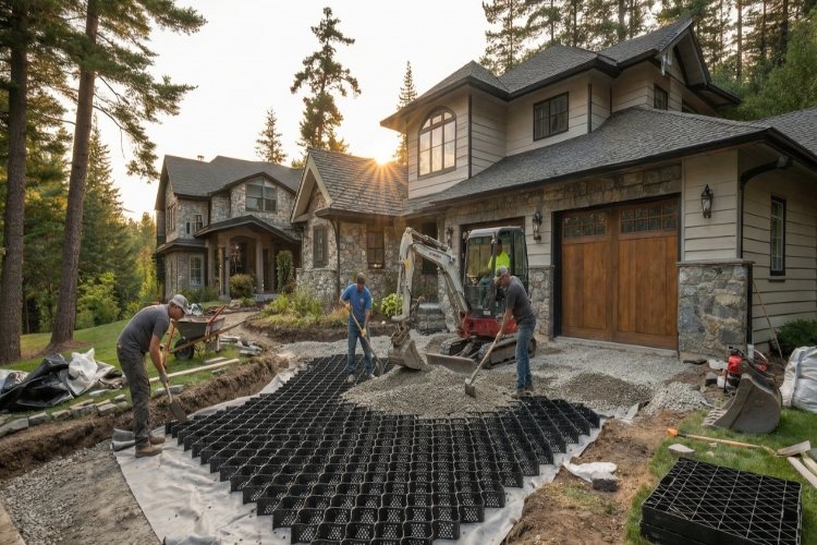 A muddy, rutted driveway next to a stable geocell-reinforced gravel surface