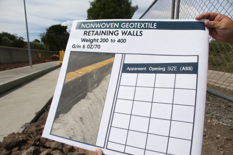 A geotextile data sheet with key properties like weight, permeability, and AOS highlighted