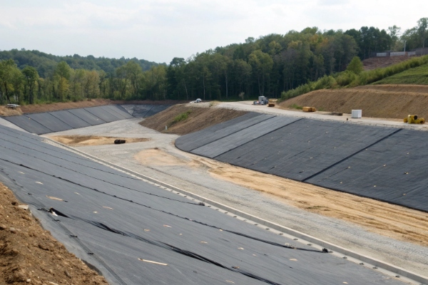 Cross-section of a modern landfill showing the liner system on the base and side slopes