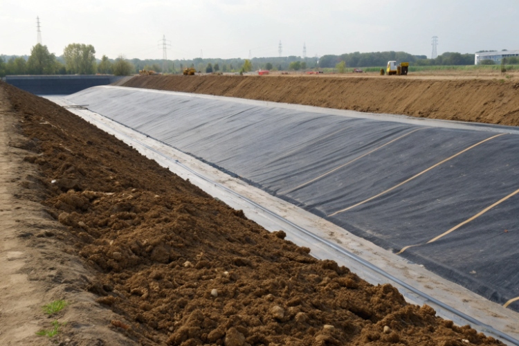 Geomembrane liner partially covered with soil in a landfill application
