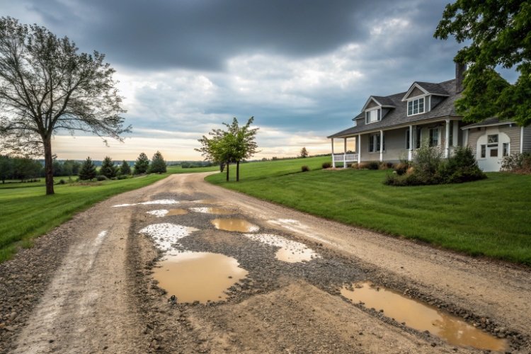 A cross-section of a geocell-reinforced driveway showing layers of subgrade, geocell, and gravel infill