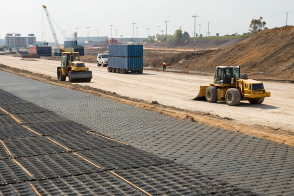 Heavy machinery operating on a geocell-reinforced surface at a port