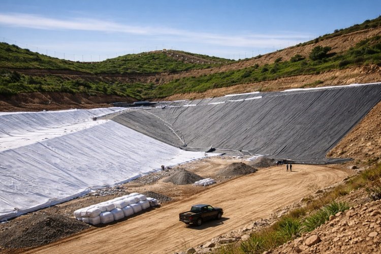 A close-up diagram illustrating the different damage mechanisms: puncture from sharp ore, subgrade stress, and shear forces.