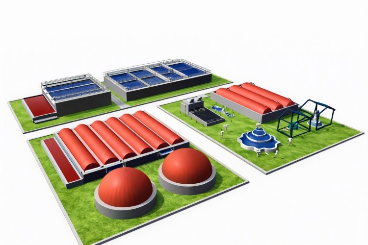 An aerial view of a large-scale anaerobic digestion facility with multiple covered lagoons and storage ponds.