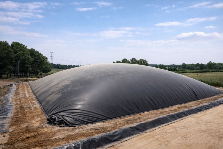A floating geomembrane cover on a biogas lagoon, visibly ballooning upwards due to gas pressure.