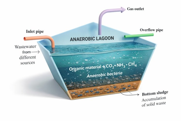 A diagram showing the basic process of an anaerobic lagoon: wastewater inflow, sludge settling, biogas rising, and treated water outflow.