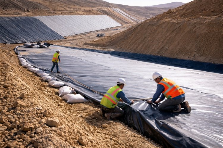 An aerial view of a massive heap leach pad, showing the immense scale and weight on the liner