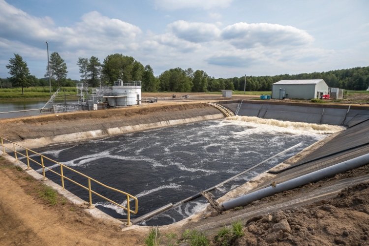 Close up of liquid digestate in a lagoon with floating organic matter