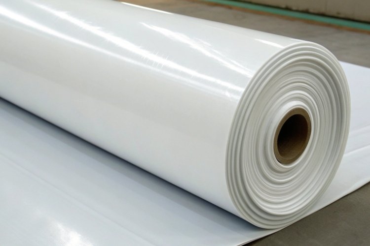 A large roll of white HDPE geomembrane being unrolled on a prepared mining site, reflecting the bright sunlight.