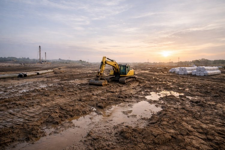 Excavator working on soft soil ground improvement