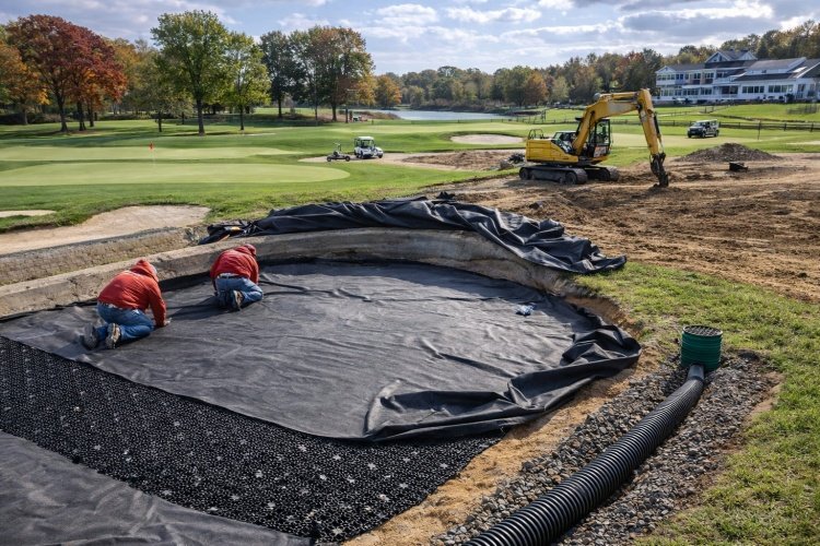 Geocomposite drainage installation in golf bunker