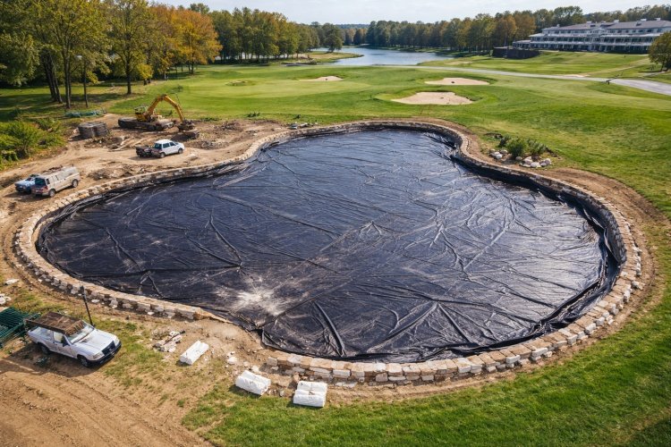 Aerial view of golf course under construction showing earthworks