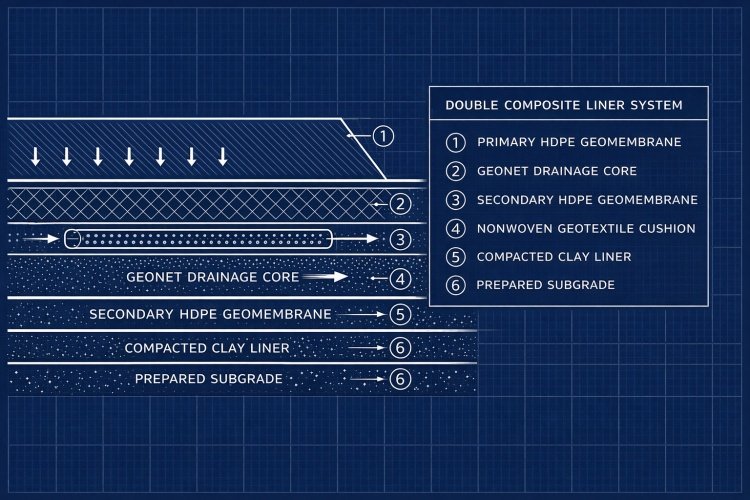 Technical drawing of a double composite liner system with leak detection