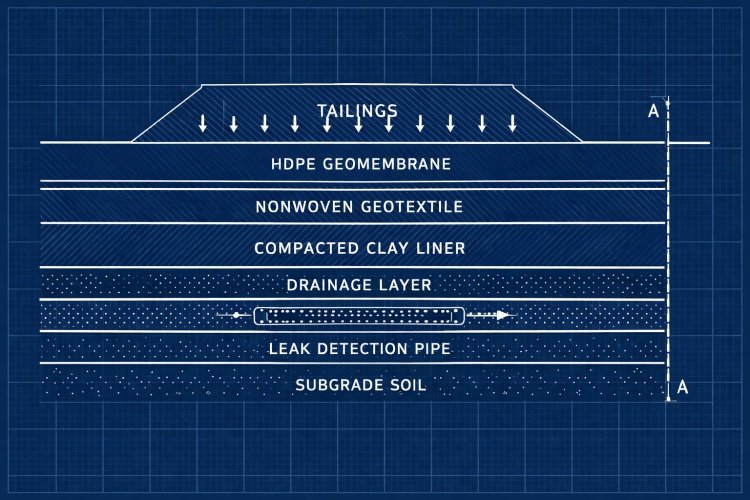 Detailed cross-section of a tailings storage facility with liner and drainage