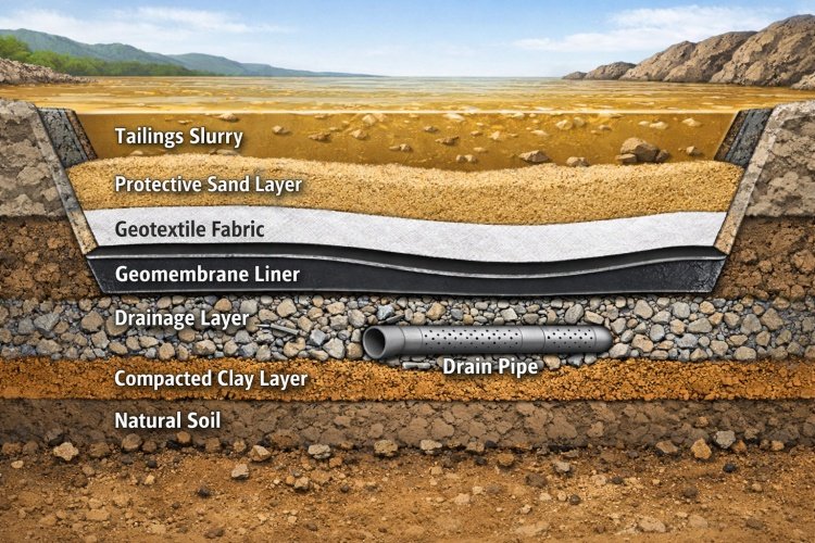 Cross-section of geotextile protection layer in tailings pond