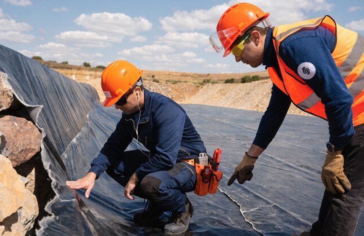 Engineers inspecting geomembrane liner installation for UV damage