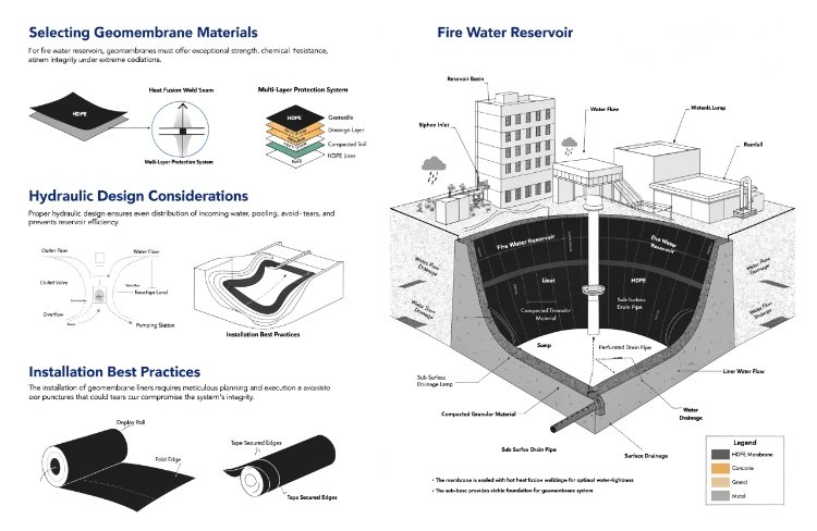 HDPE lined fire water reservoir at industrial facility