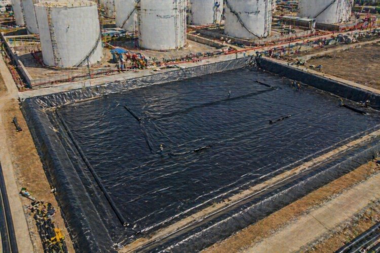 Geomembrane installation in an oil tank farm bund area