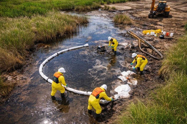 Environmental regulators inspecting a hazardous chemical spill