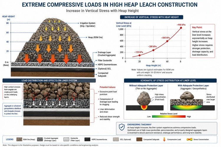 Diagram showing extreme compressive loads in a high heap leach construction