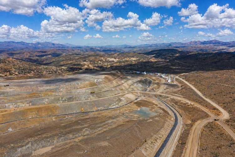 Aerial view of a massive mine heap leach pad construction site